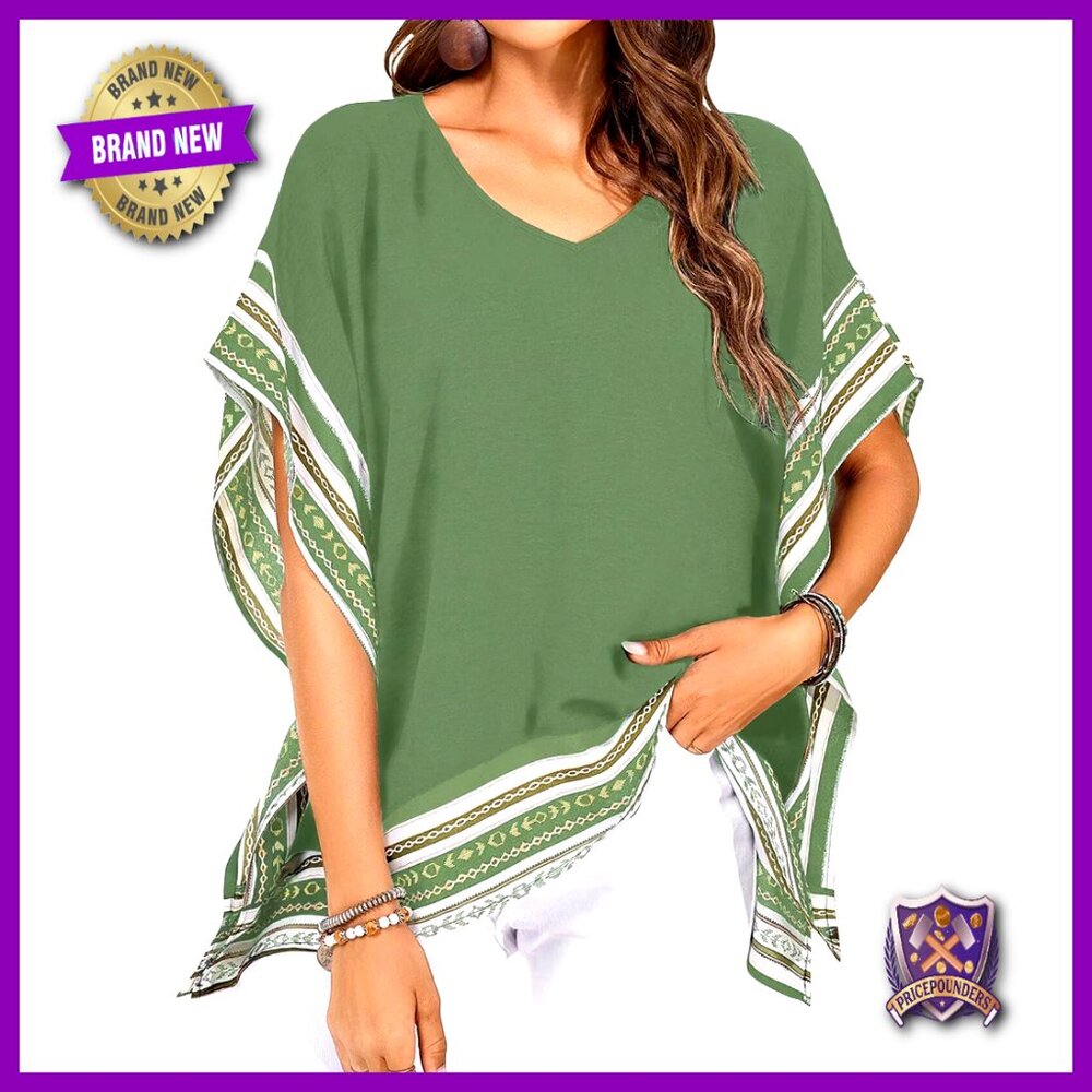 Women's V-Neck Batwing Sleeve Blouse Loose Boho Flowy Side Slit Top